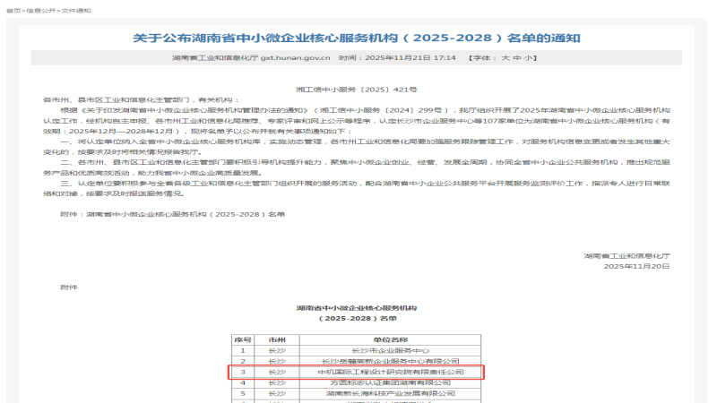 省級科技創新服務資質+1，中機國際獲批2025年度湖南省中小微企業核心服務機構